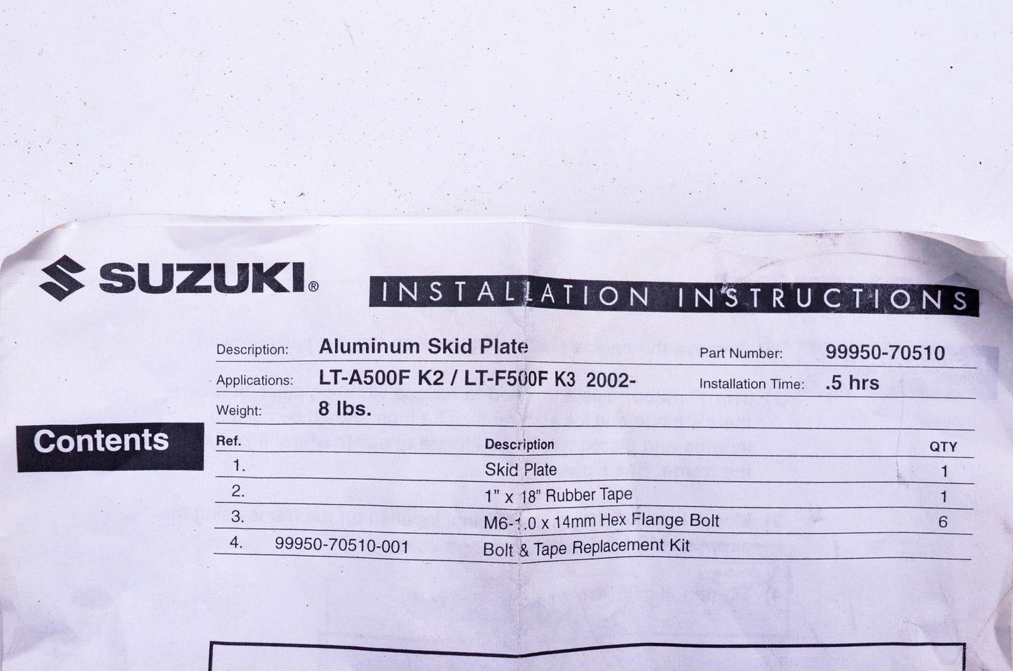 New OEM Suzuki 99950-70510 Skid Plate Kit NOS