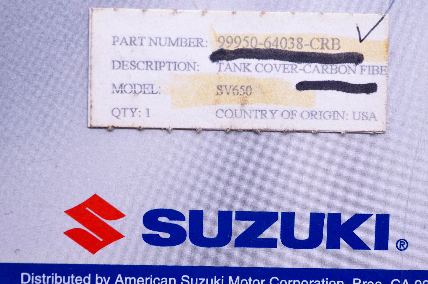 New OEM Suzuki 99950-64038-CRB Carbon Fiber Tank Cover NOS