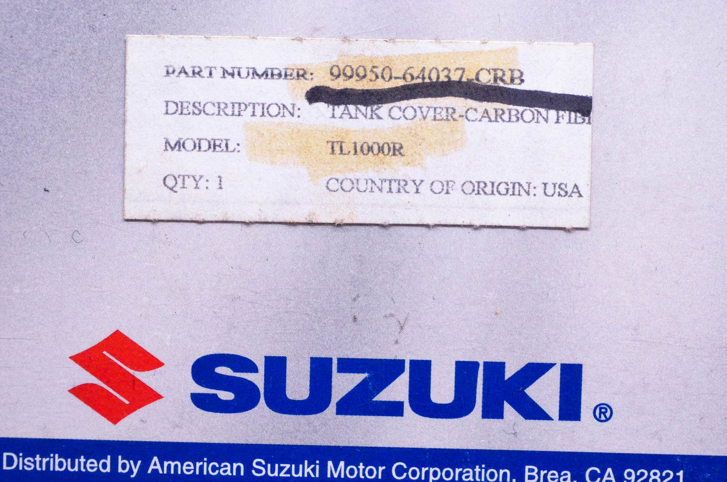 New OEM Suzuki 99950-64037-CRB Carbon Fiber Tank Cover NOS