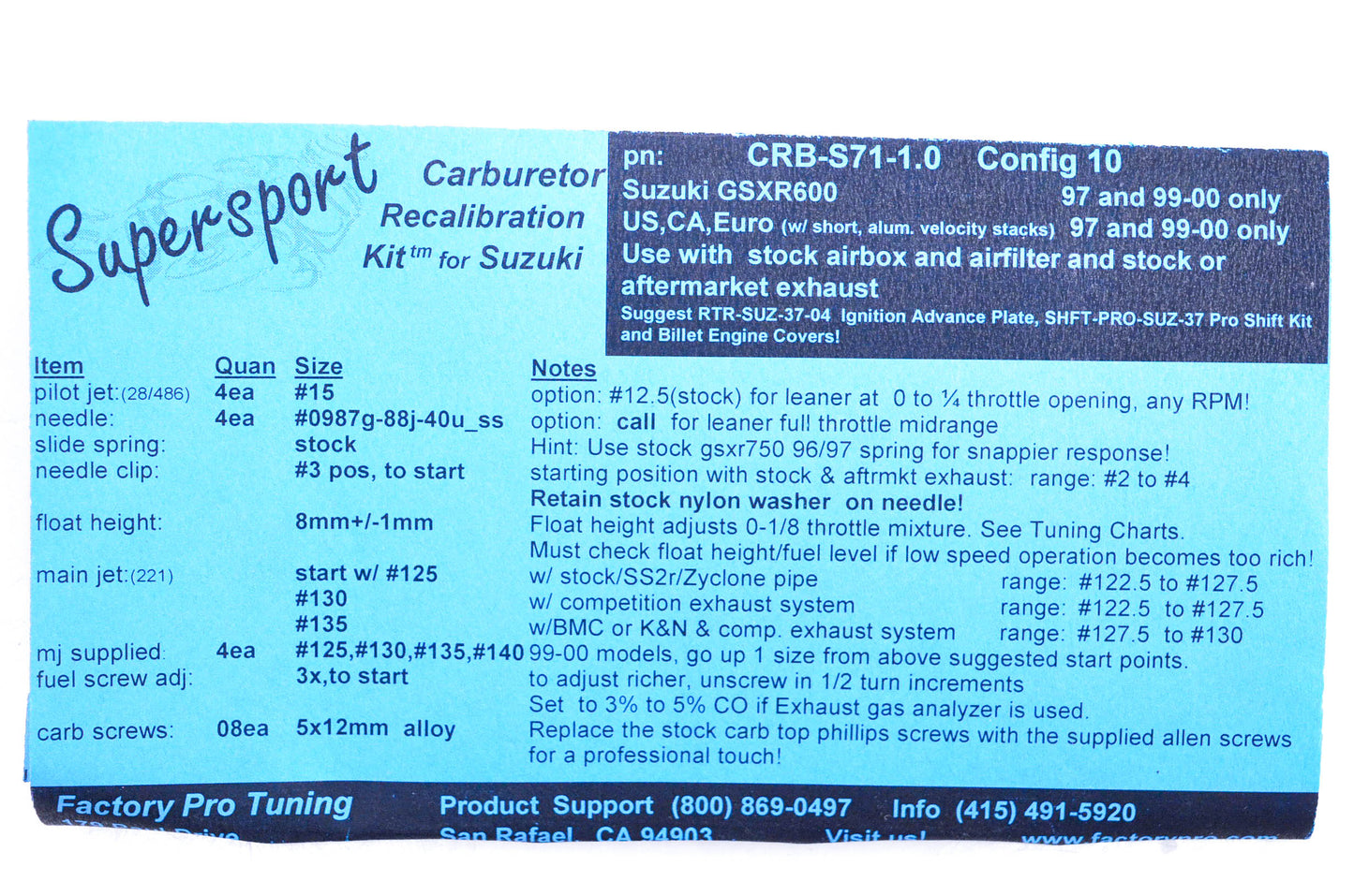 Factory Pro CRB-S71-1.0 Carburetor Recalibration Kit NOS