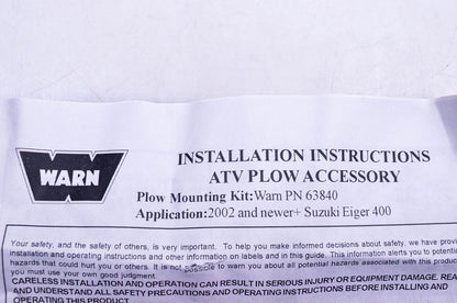 Warn 63840 Eiger 400 2002+ ATV Plow Mount Kit NOS