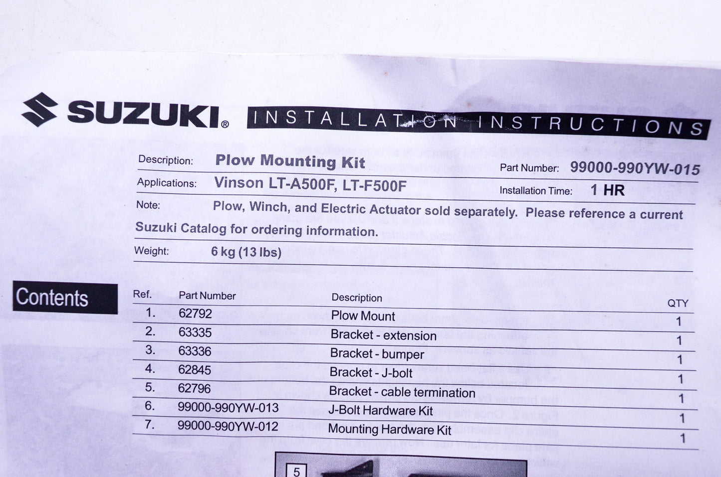 New OEM Suzuki 99000-990YW-015 Vinson LT-A500F LT-500F Plow Mount Kit NOS