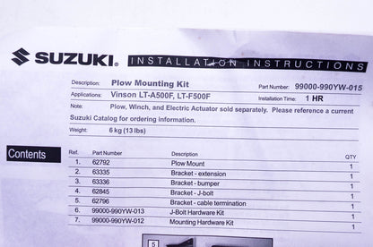 New OEM Suzuki 99000-990YW-015 Vinson LT-A500F LT-500F Plow Mount Kit NOS