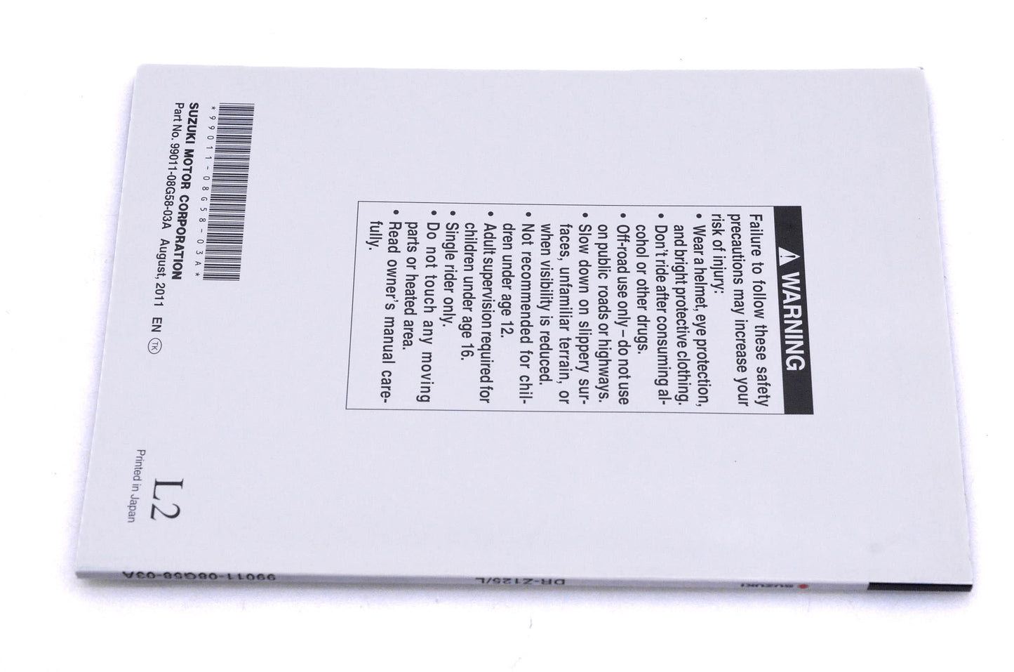 OEM Suzuki 99011-08G58-03A DR-Z125/L L2 Owner's Manual