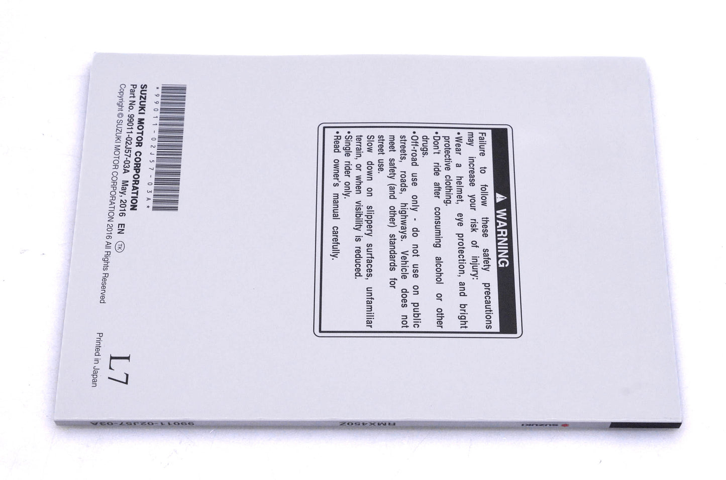 OEM Suzuki 99011-02J57-03A RMX450Z L7 Owner's Manual
