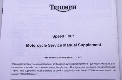 OEM Triumph T3850006 Speed Four Service Manual Supplement