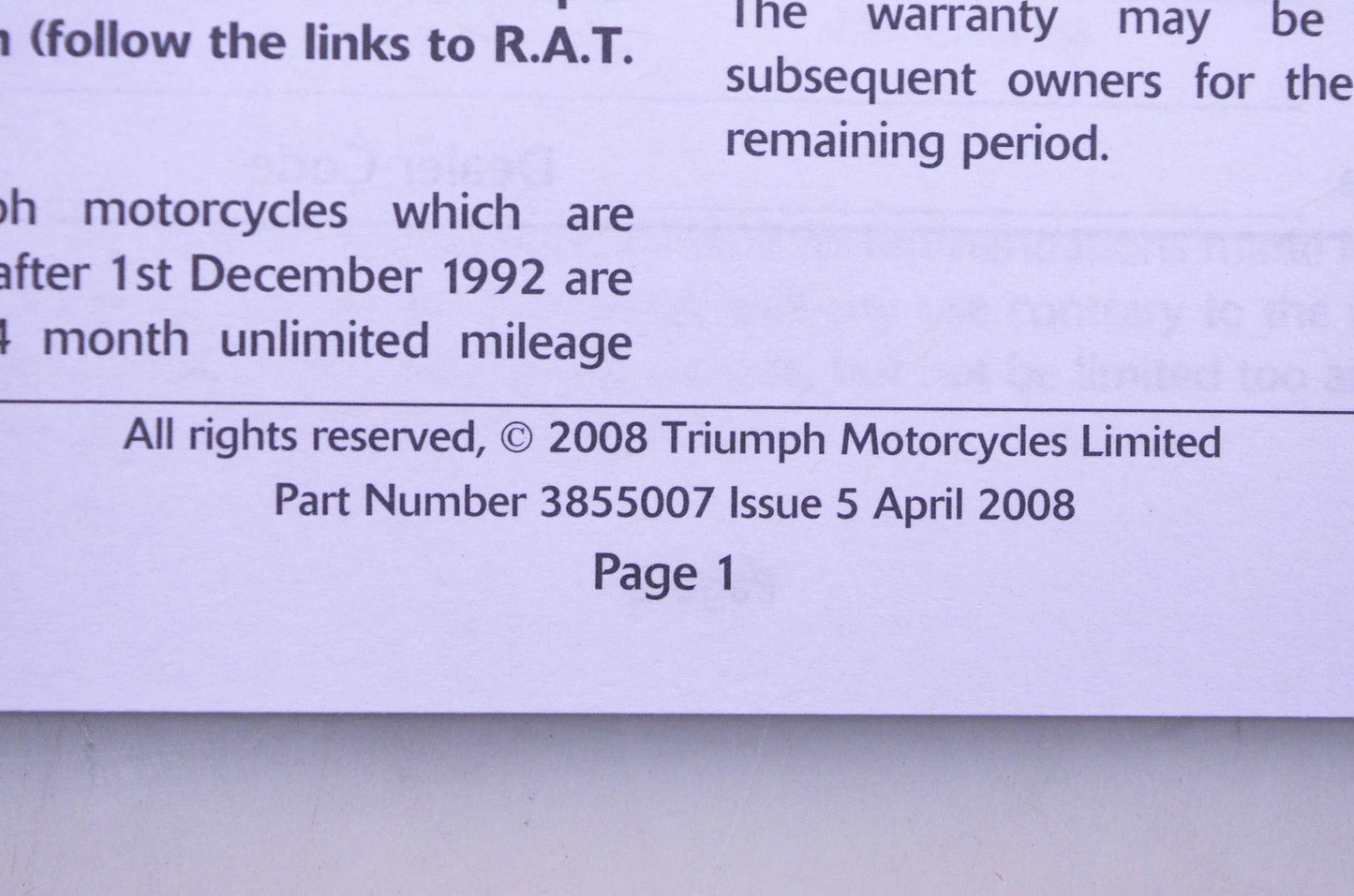 New OEM Triumph 3855007 Motorcycle Warranty & Service Record Manual NOS