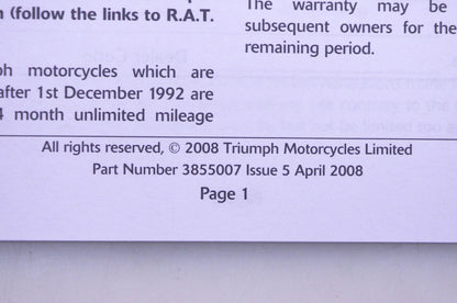 New OEM Triumph 3855007 Motorcycle Warranty & Service Record Manual NOS