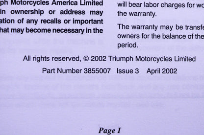 New OEM Triumph 3855007 Motorcycle Warranty & Service Record Manual NOS