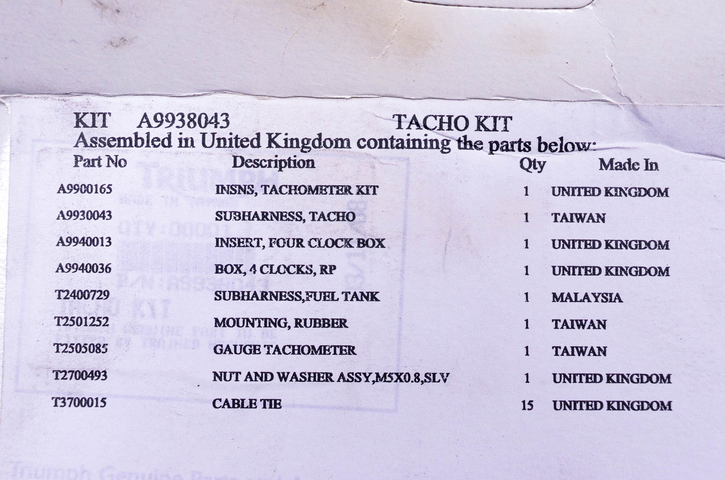 New OEM Triumph A9938043 Tachometer Kit NOS