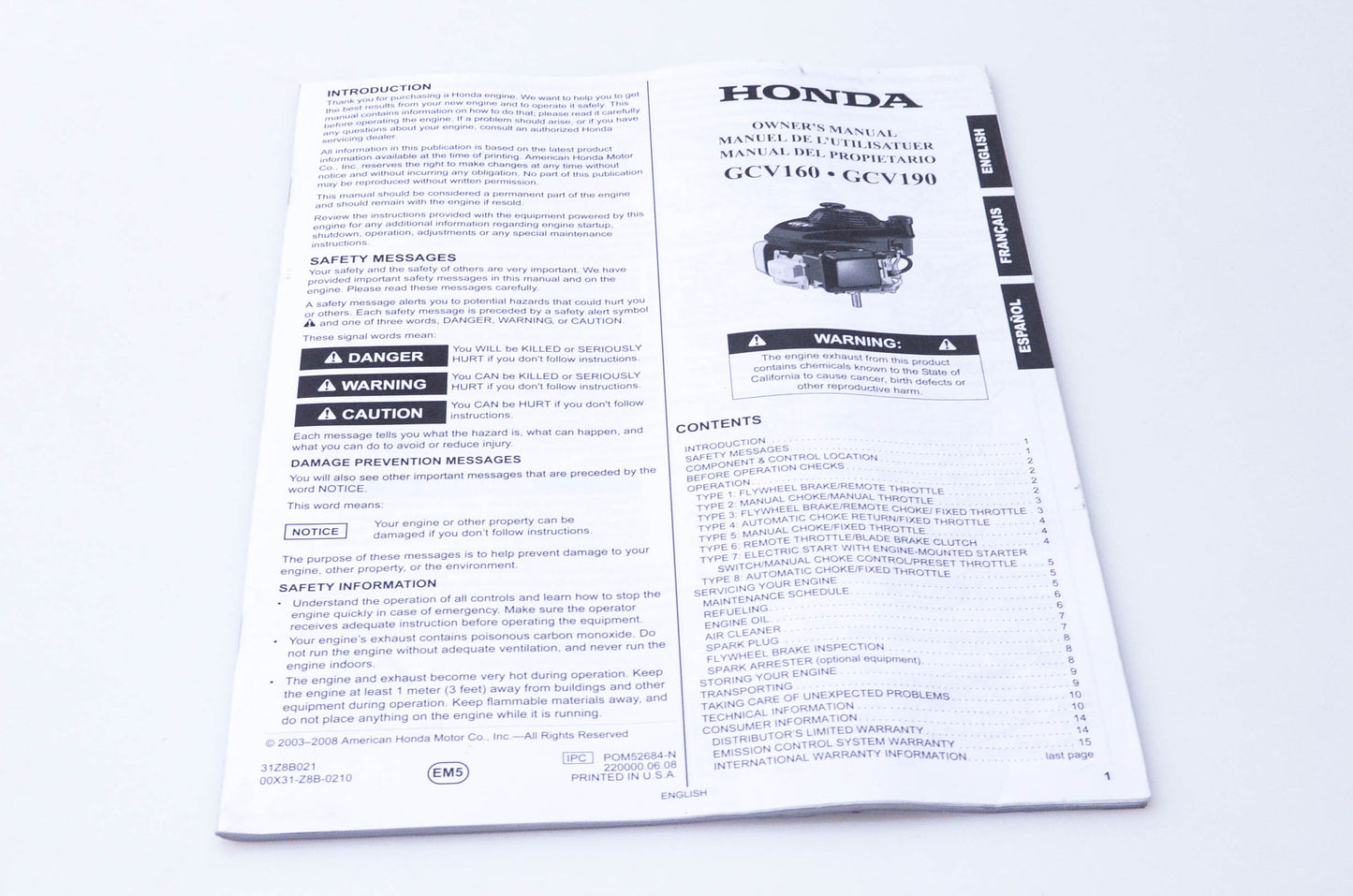 New OEM Honda 31Z8B021 GCV160 GCV190 Owner's Manual NOS