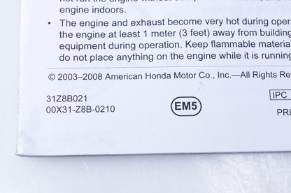 New OEM Honda 31Z8B021 GCV160 GCV190 Owner's Manual NOS