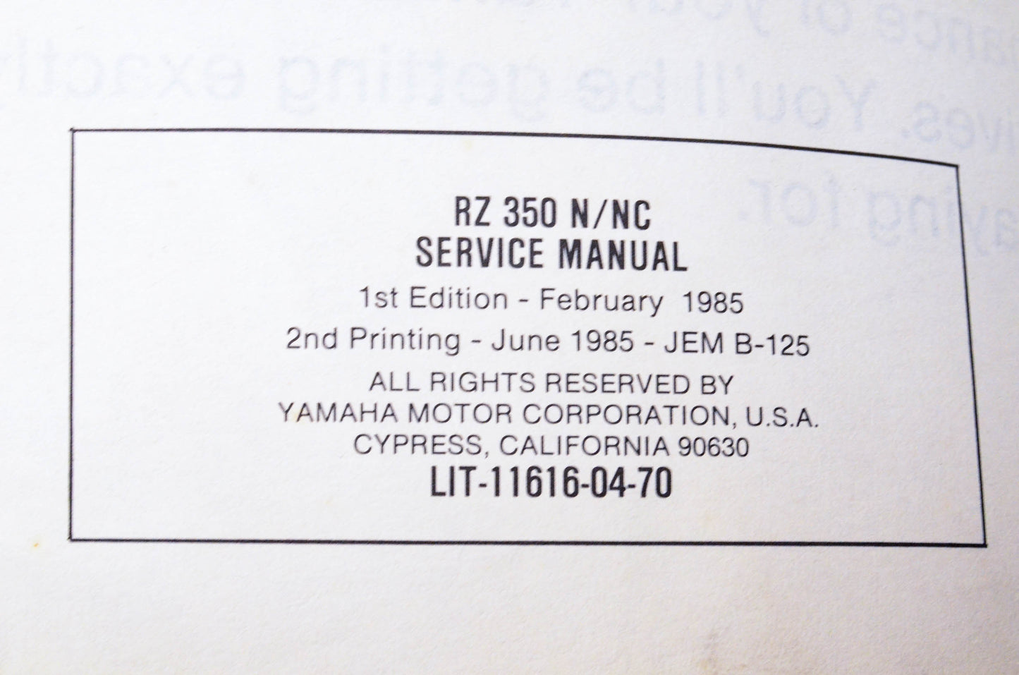 OEM Yamaha LIT-11616-04-07 RZ 350 N/NC Service Manual
