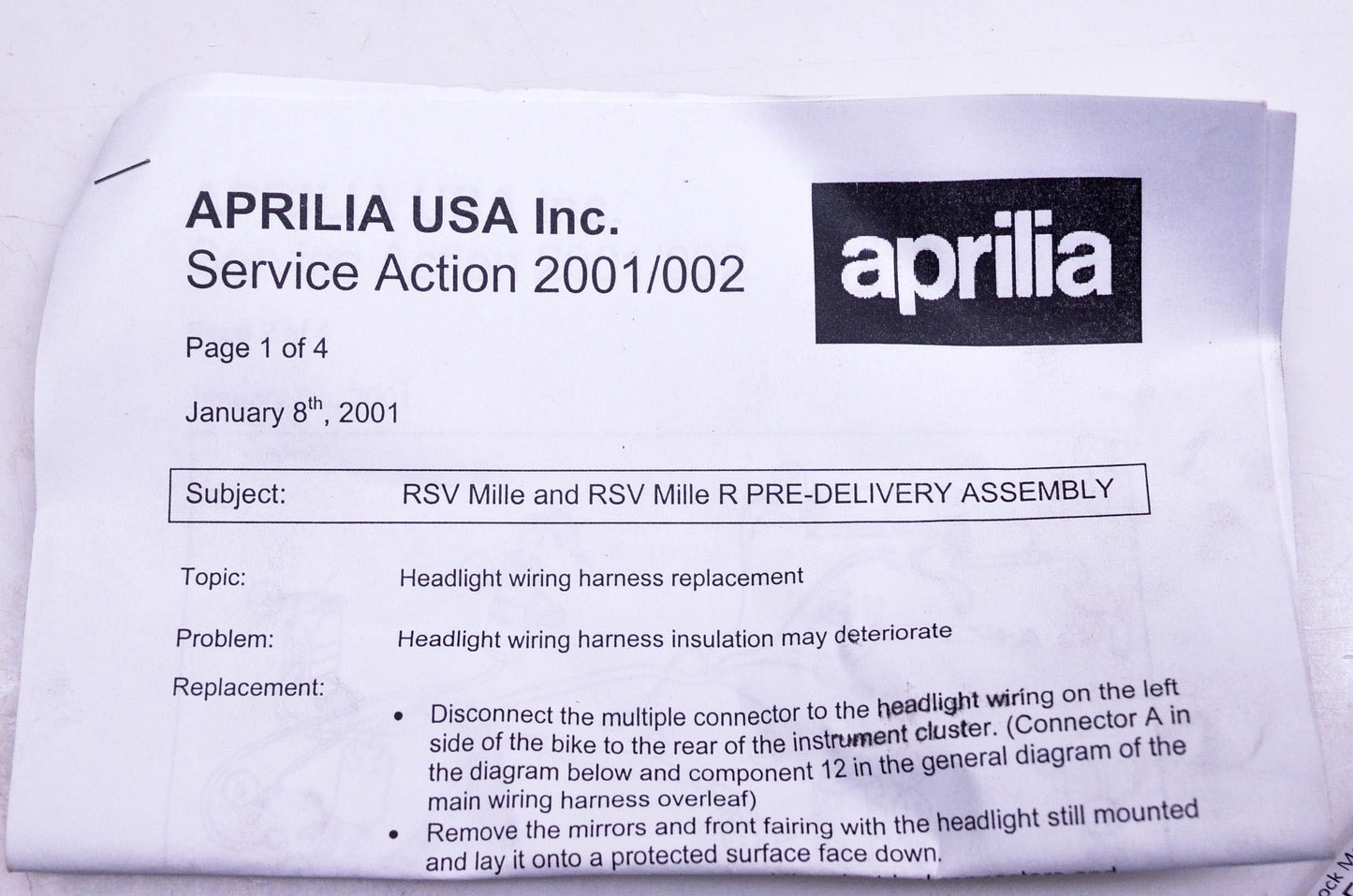 Aprilia 2001-02 RSV Mille Headlight Replacement Wiring Harness NOS