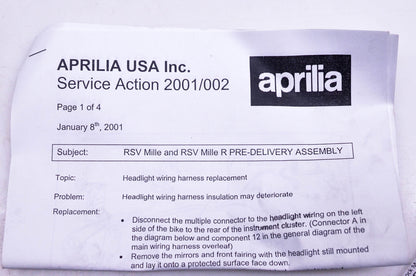 Aprilia 2001-02 RSV Mille Headlight Replacement Wiring Harness NOS