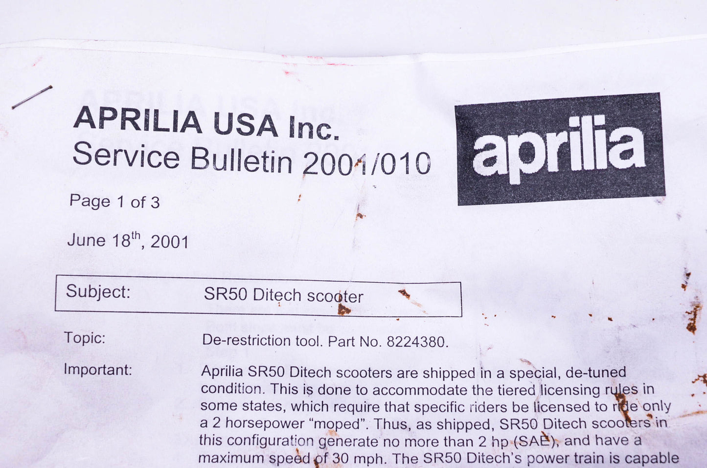Aprilia 8224380 SR50 Ditech De-Restriction Tool Kit NOS