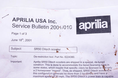 Aprilia 8224380 SR50 Ditech De-Restriction Tool Kit NOS