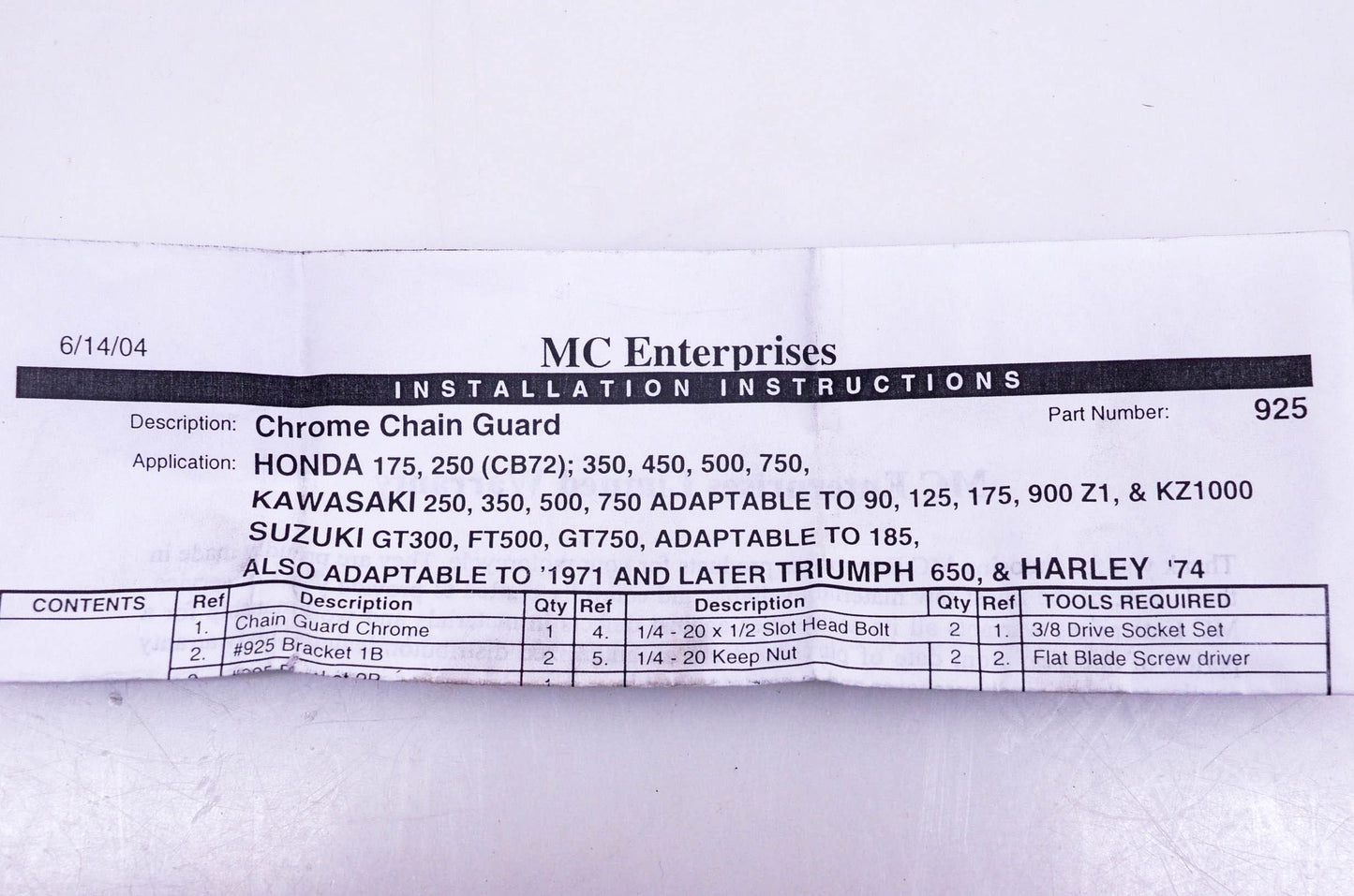 MC Enterprises 925 Universal Chrome Chain Guard Kit NOS
