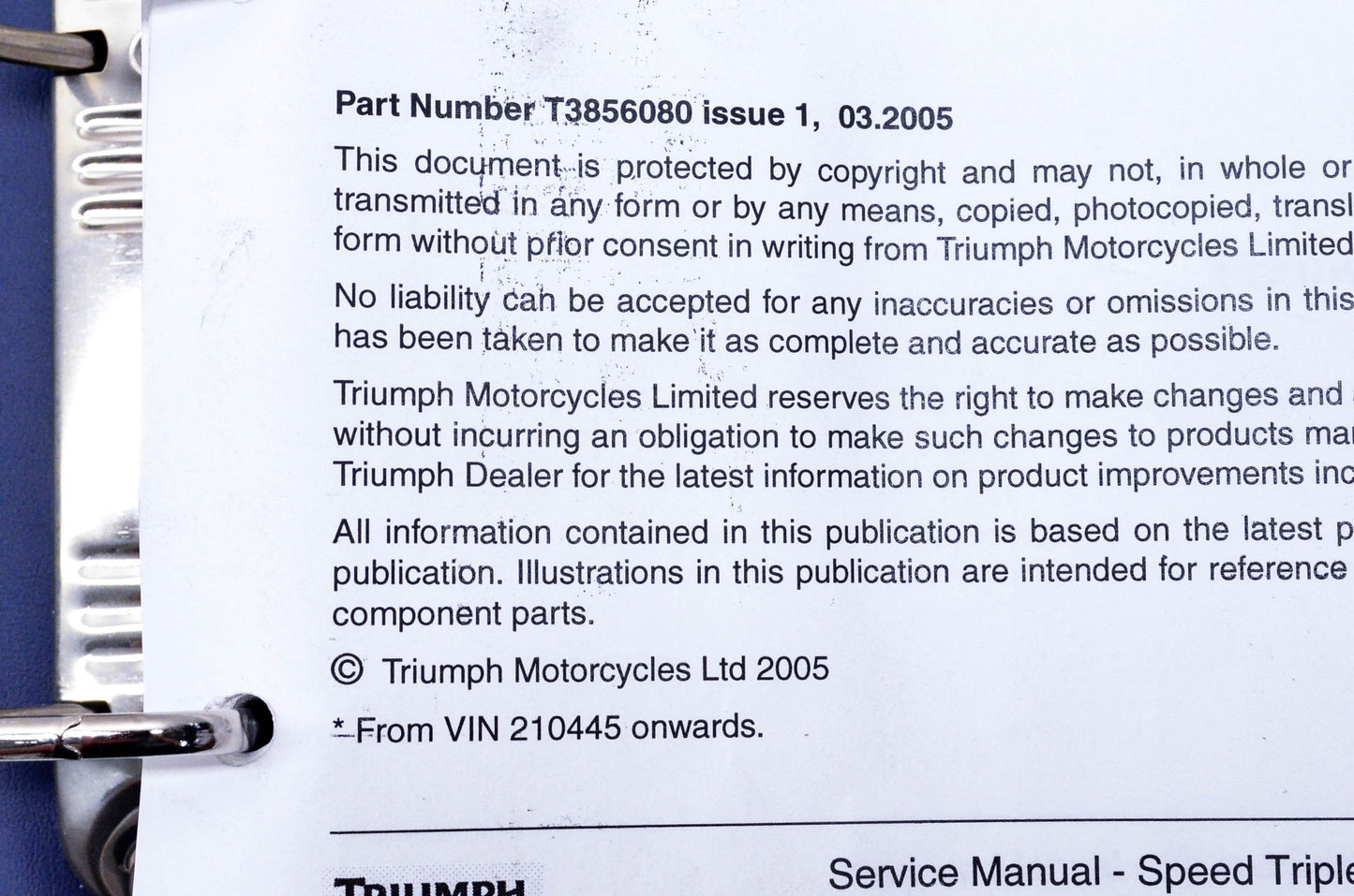 OEM Triumph T3856080 Speed Triple 1050cc Service Manual