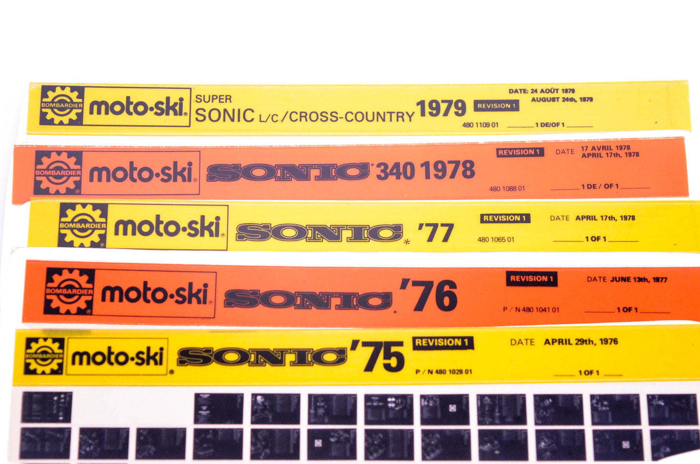 SkiDoo 480102801, 480104101 Microfiches 1975-77 Sonic 340 1978 Super L/C Cross Country 1979