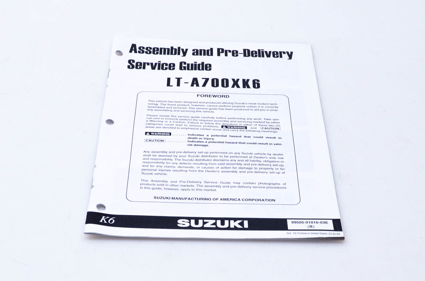 OEM Suzuki 99505-01016-03E LT-A700XK6 Assembly & Pre-Delivery Service Guide