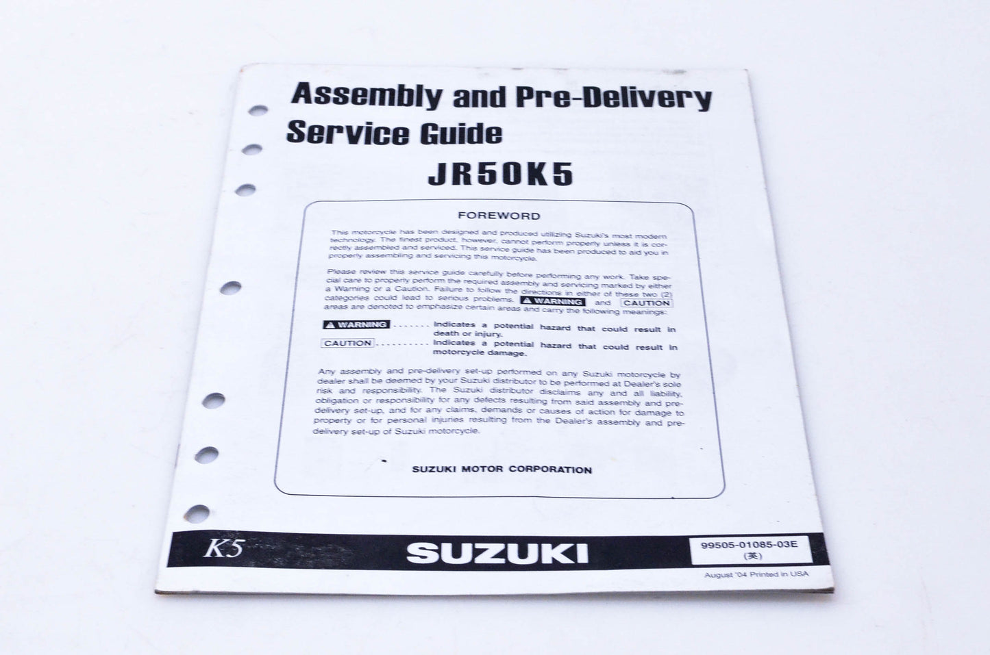 OEM Suzuki 99505-01085-03E JR50K5 Assembly & Pre-Delivery Service Guide