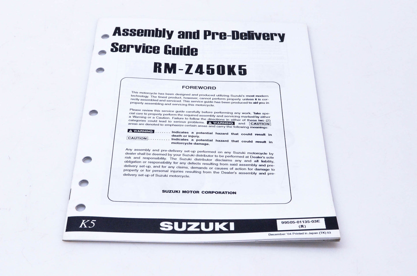 OEM Suzuki 99505-01135-03E RM-Z450K5 Assembly & Pre-Delivery Service Guide