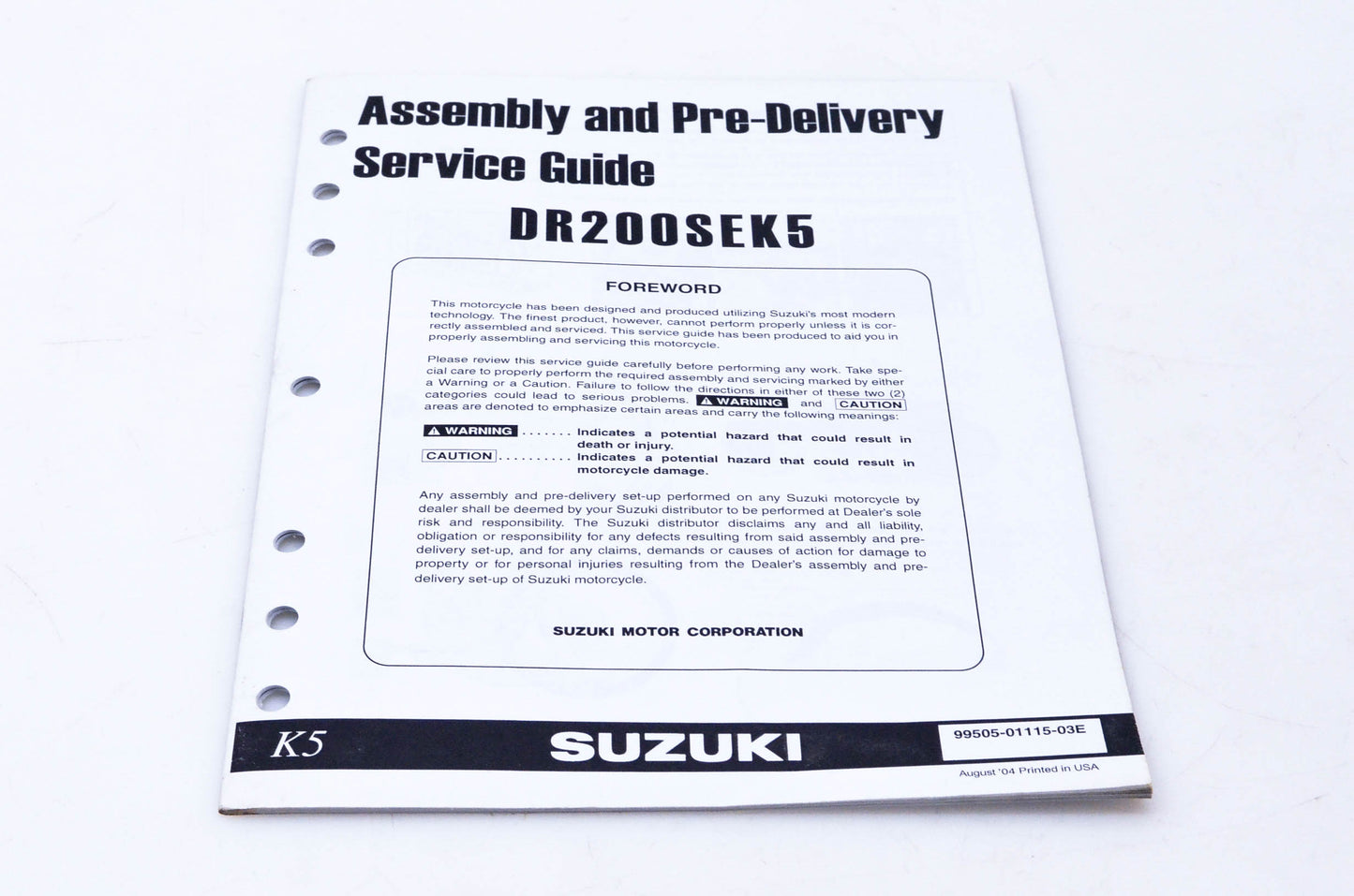 OEM Suzuki 99505-01115-03E DR200SEK5 Assembly & Pre-Delivery Service Guide