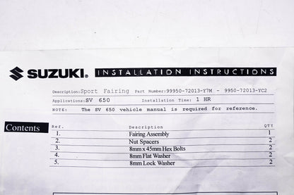 New OEM Suzuki 99950-72013-Y7M SV650 Red Front Fairing Kit NOS
