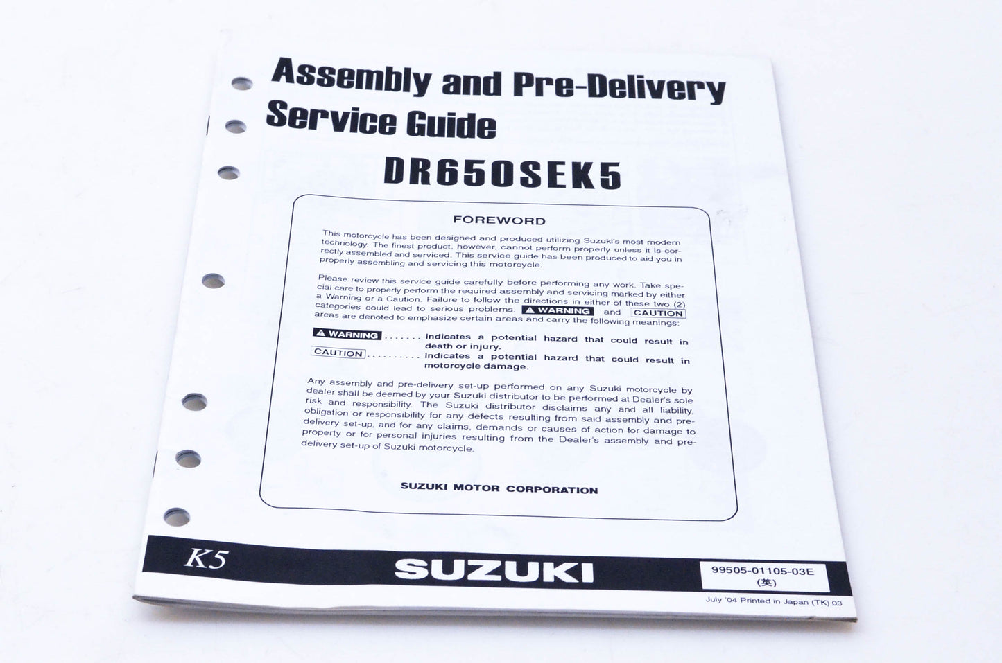 OEM Suzuki 99505-01105-03E DR650SEK5 Assembly & Pre-Delivery Service Guide