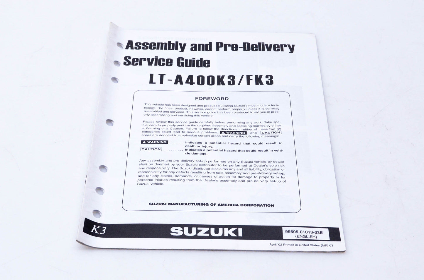 OEM Suzuki 99505-01013-03E LT-A400K3/FK3 Assembly & Pre-Delivery Service Guide