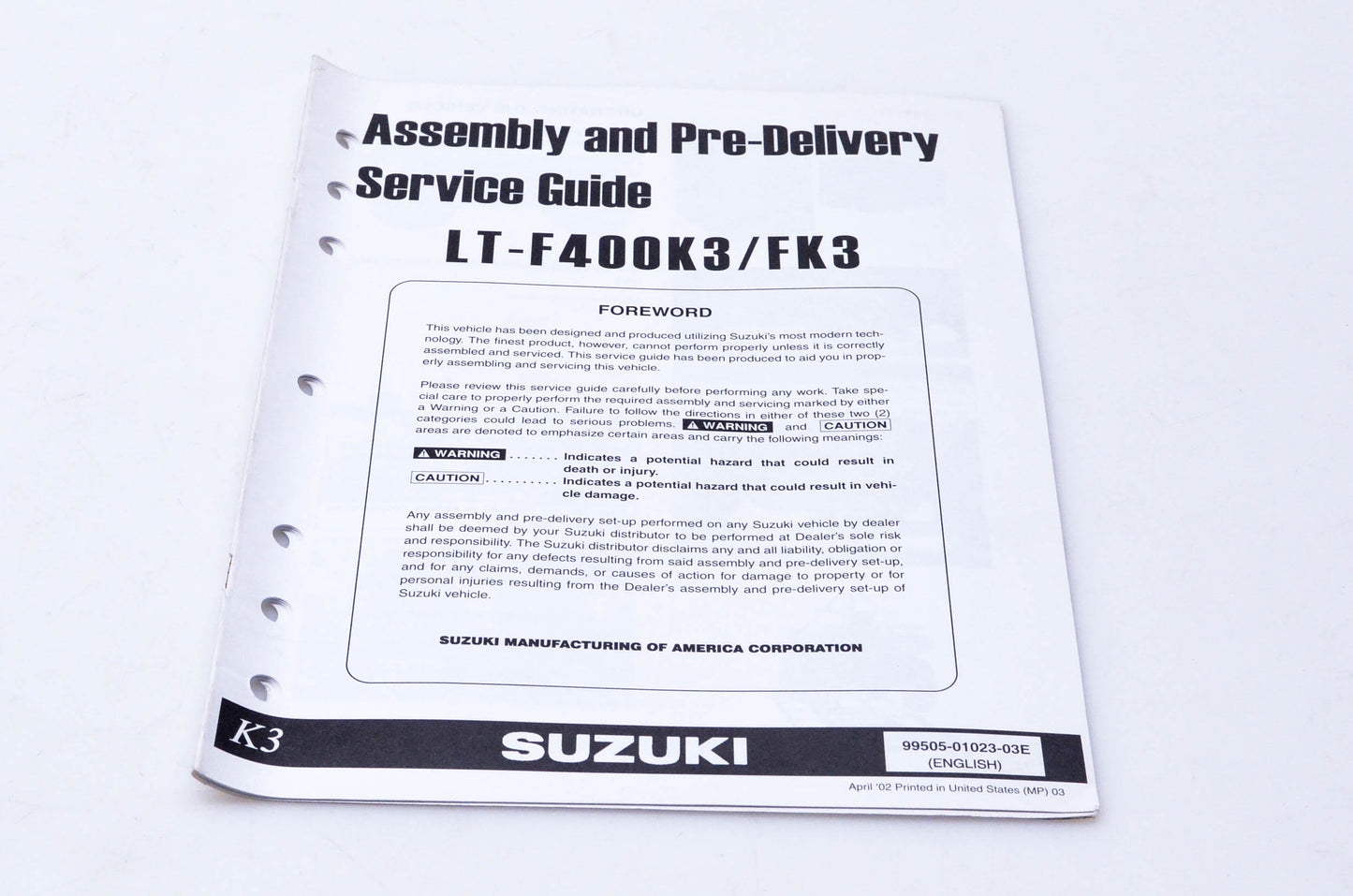 OEM Suzuki 99505-01023-03E LT-F400K3/FK3 Assembly & Pre-Delivery Service Guide
