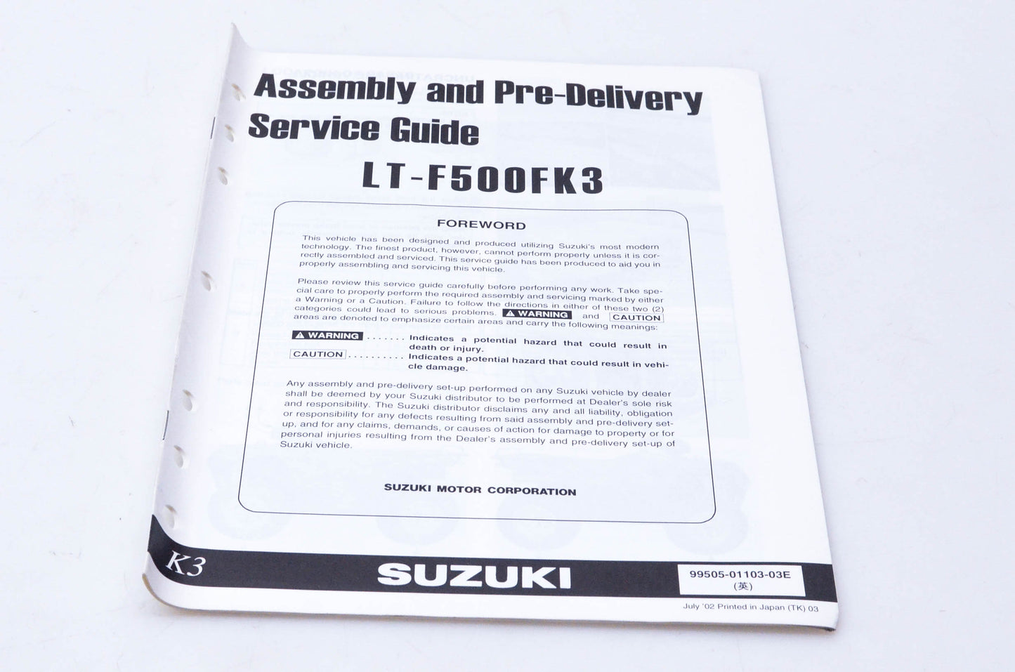 OEM Suzuki 99505-01103-03E LT-F500FK3 Assembly & Pre-Delivery Service Guide