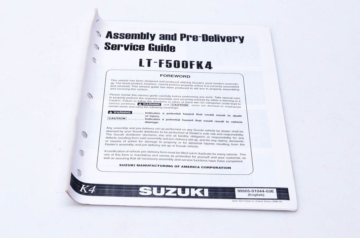 OEM Suzuki 99505-01044-03E LT-F500FK4 Assembly & Pre-Delivery Service Guide