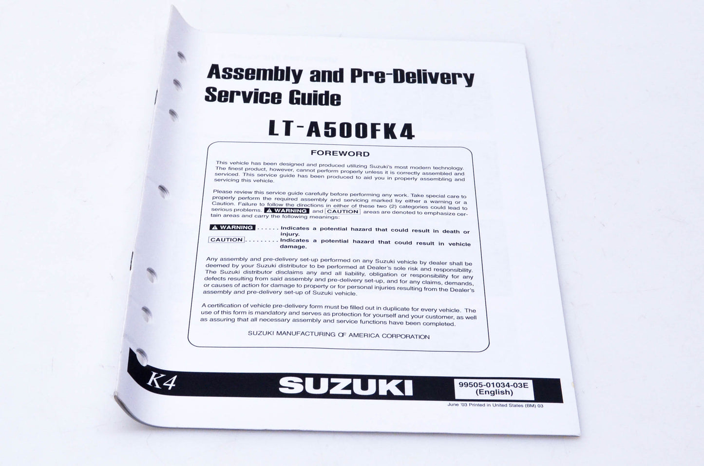 OEM Suzuki 99505-01034-03E LT-A500FK4 Assembly & Pre-Delivery Service Guide
