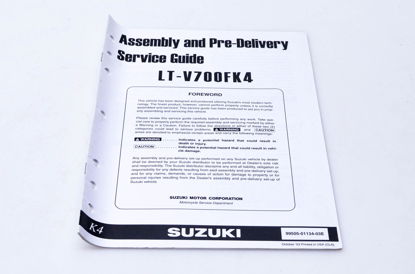 OEM Suzuki 99505-01134-03E LT-V700FK4 Assembly & Pre-Delivery Service Guide