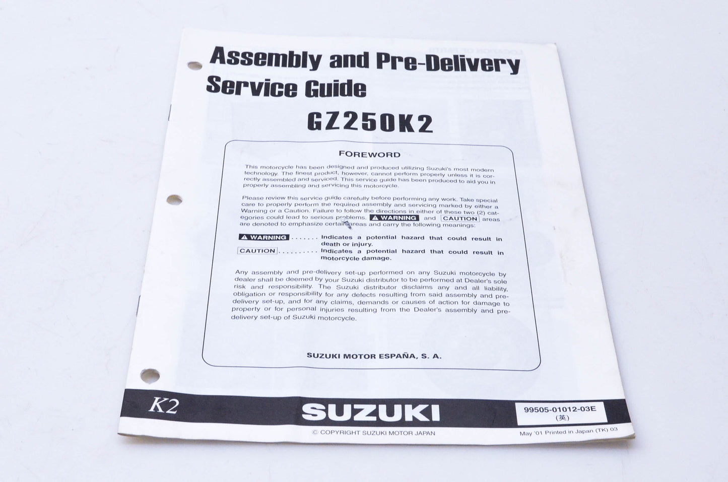 OEM Suzuki 99505-01012-03E GZ250K2 Assembly & Pre-Delivery Service Guide