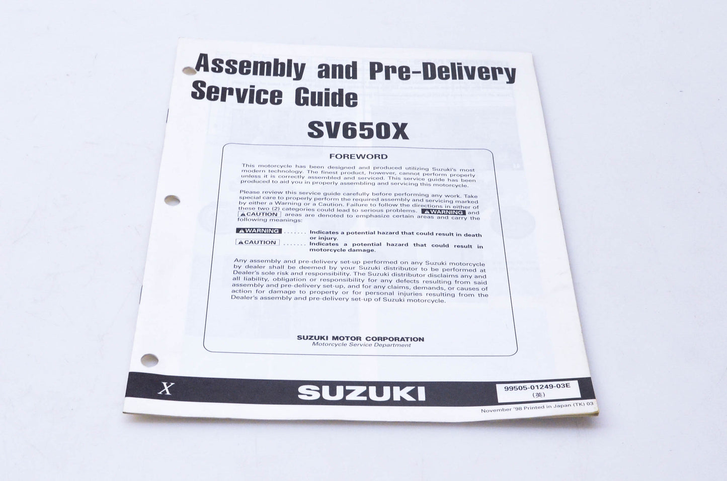 OEM Suzuki 99505-01249-03E SV650X Assembly & Pre-Delivery Service Guide