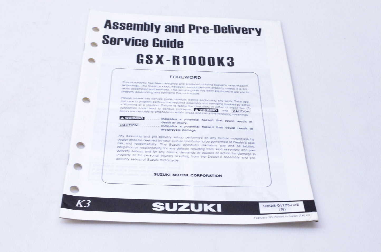 OEM Suzuki 99505-01173-03E GSX-R1000K3 Assembly & Pre-Delivery Service Guide