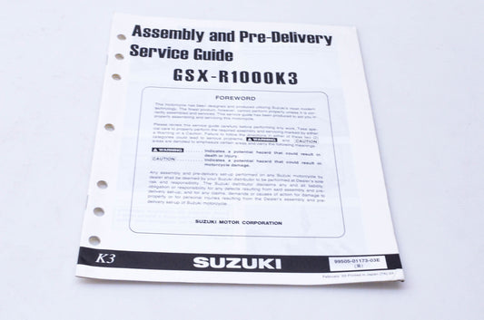 OEM Suzuki 99505-01173-03E GSX-R1000K3 Assembly & Pre-Delivery Service Guide