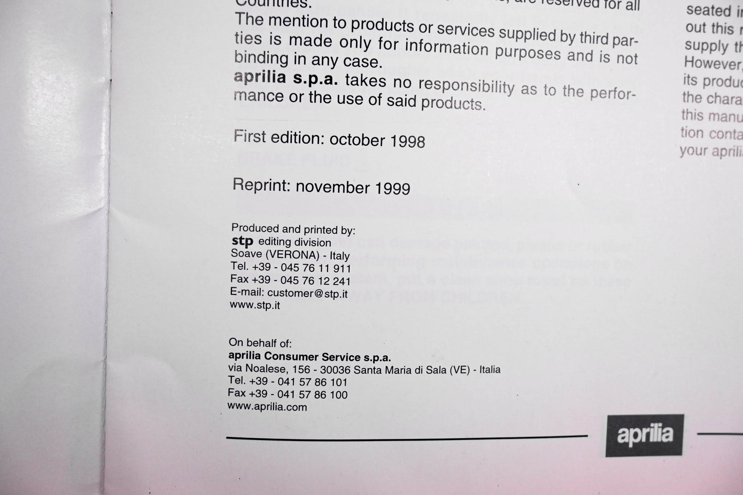 Aprilia 8102976 RS250 Challenge Service & Repair Manual Appendix 961W