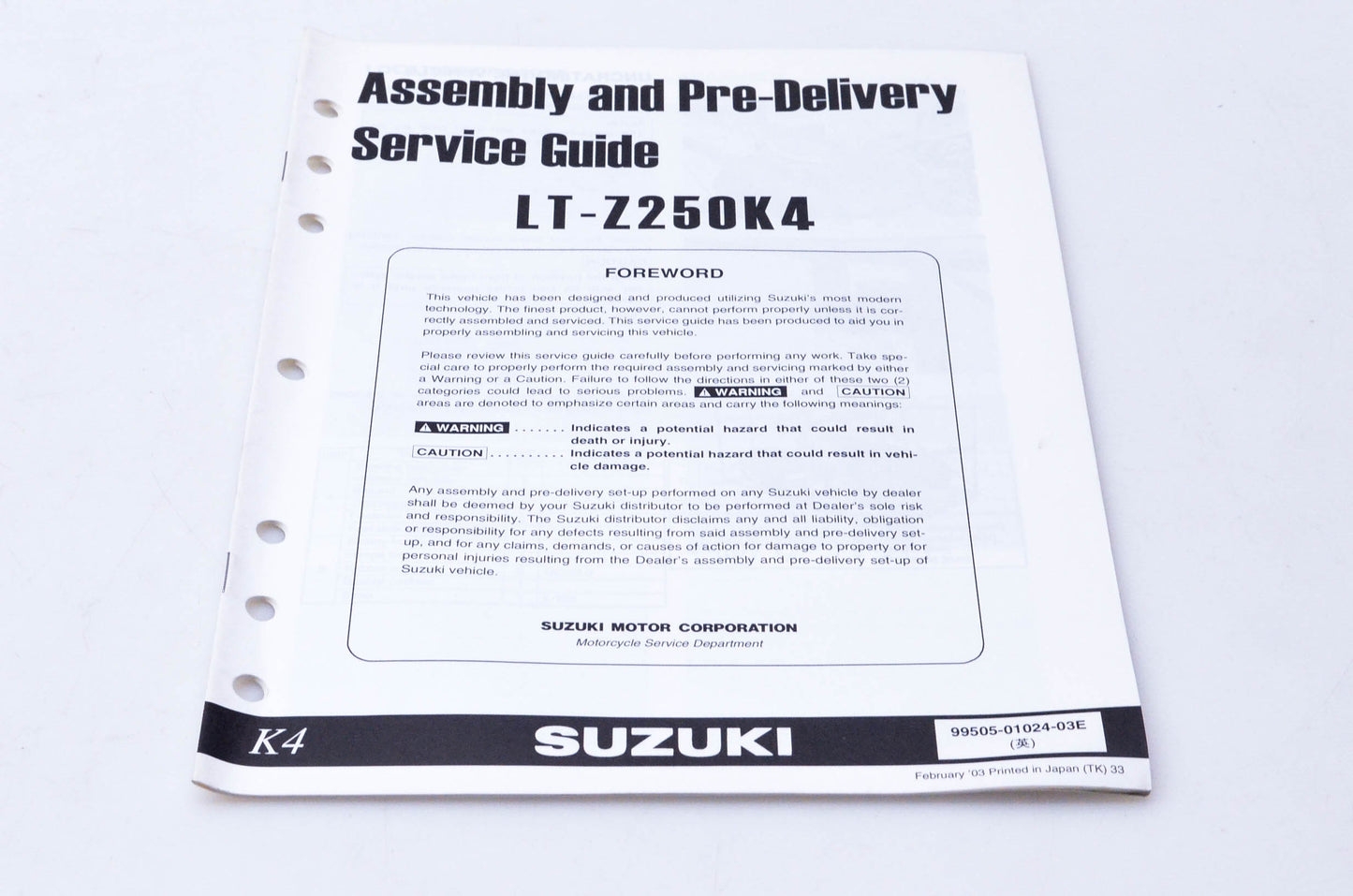 OEM Suzuki 99505-01024-03E LT-Z250K4 Assembly & Pre-Delivery Service Guide