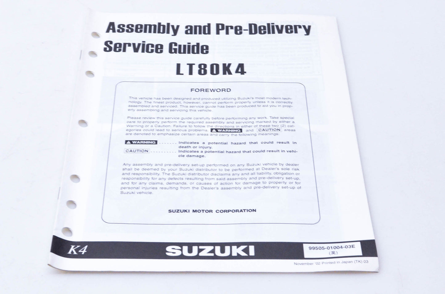 OEM Suzuki 99505-01004-03E LT80K4 Assembly & Pre-Delivery Service Guide
