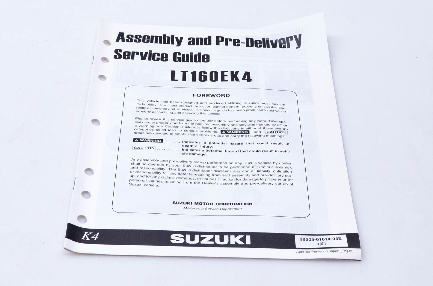 OEM Suzuki 99505-01014-03E LT160EK4 Assembly & Pre-Delivery Service Guide