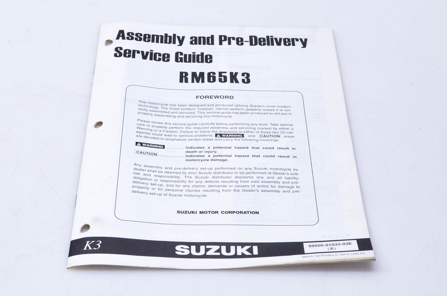 OEM Suzuki 99505-01033-03E RM65K3 Assembly & Pre-Delivery Service Guide