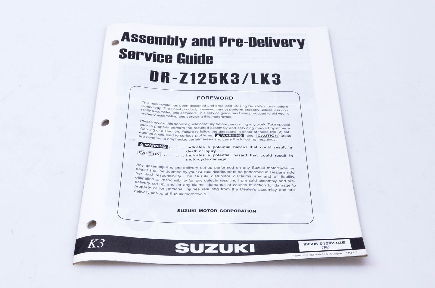 OEM Suzuki 99505-01092-03E DR-Z125K3/LK3 Assembly & Pre-Delivery Service Guide