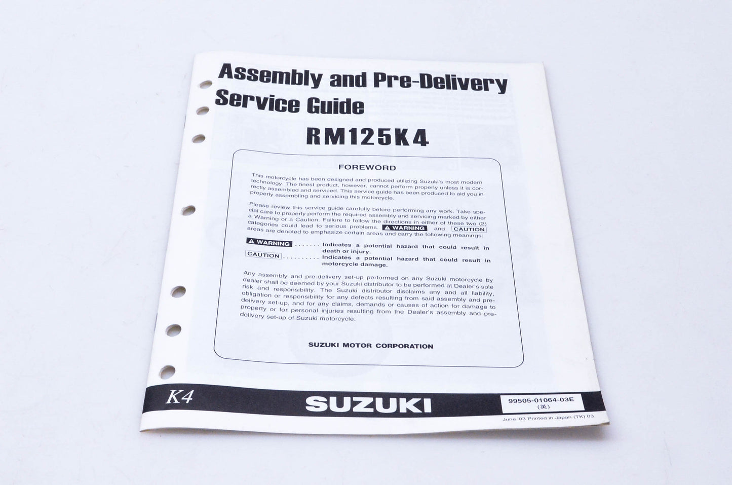 OEM Suzuki 99505-01064-03E RM125K4 Assembly & Pre-Delivery Service Guide