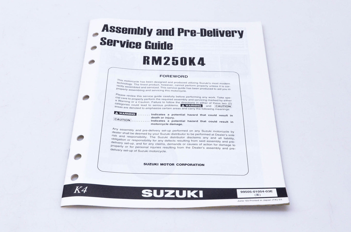 OEM Suzuki 99505-01054-03E RM250K4 Assembly & Pre-Delivery Service Guide