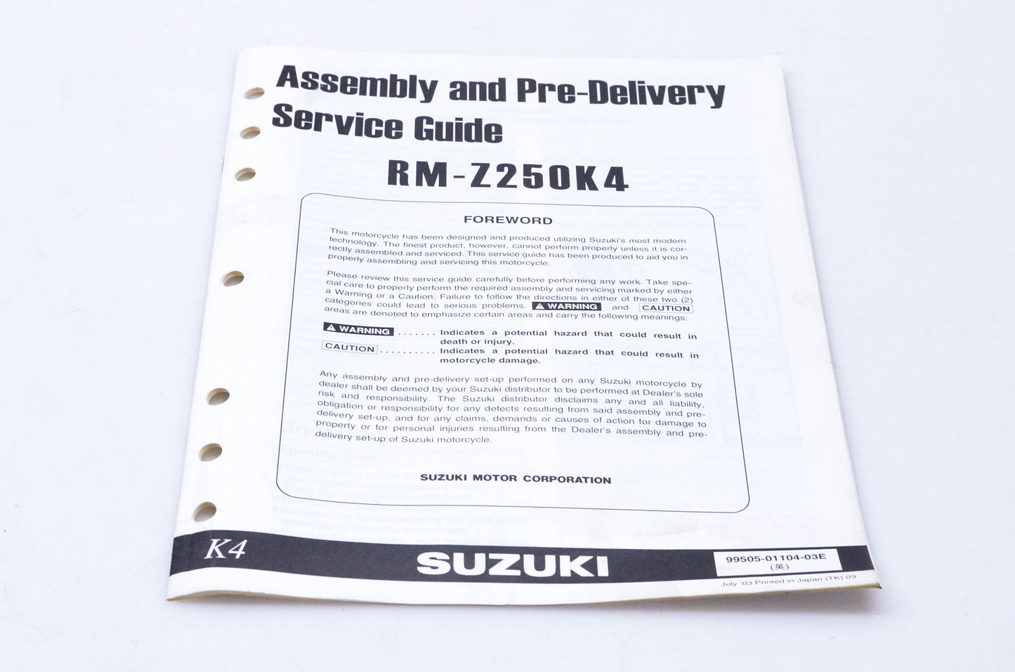 OEM Suzuki 99505-01104-03E RM-Z250K4 Assembly & Pre-Delivery Service Guide
