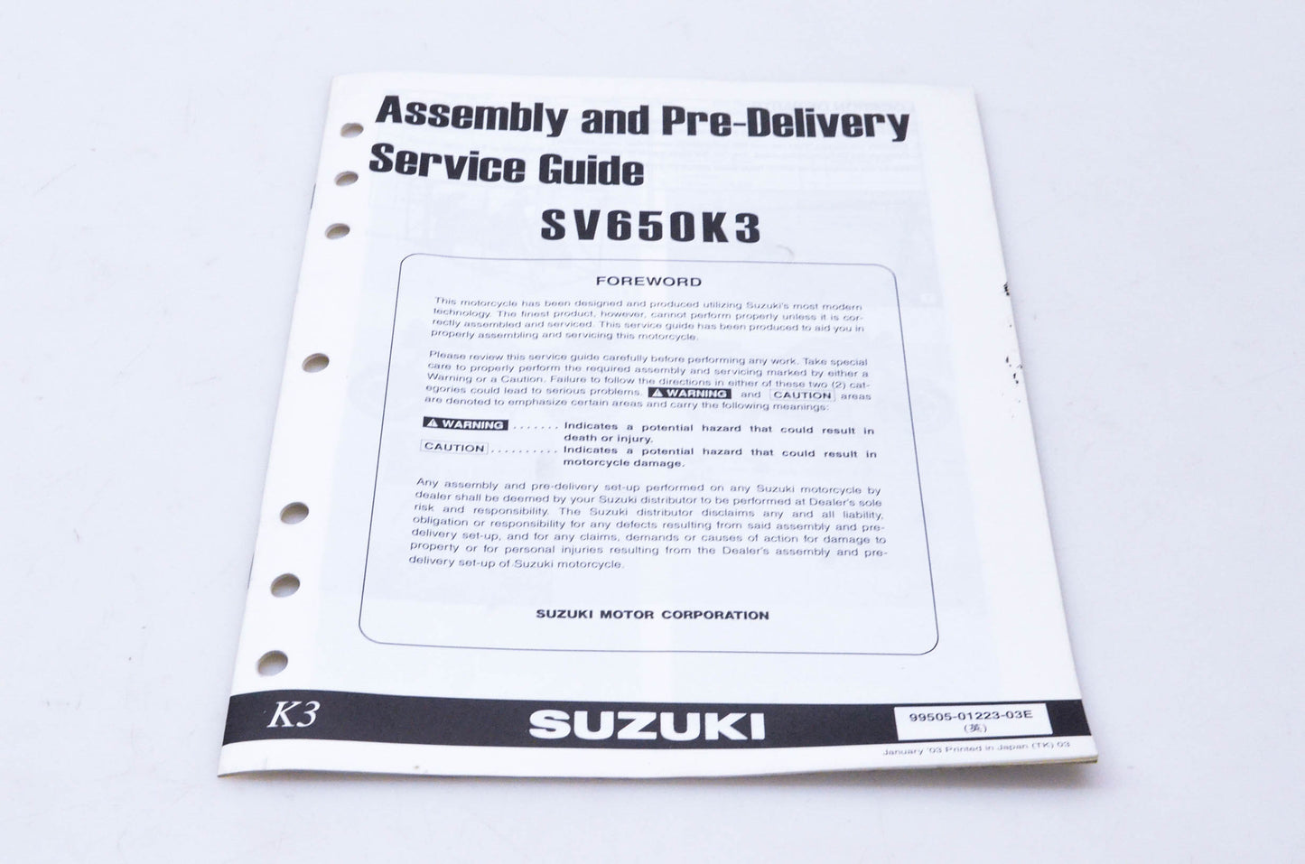 OEM Suzuki 99505-01223-03E SV650K3 Assembly & Pre-Delivery Service Guide
